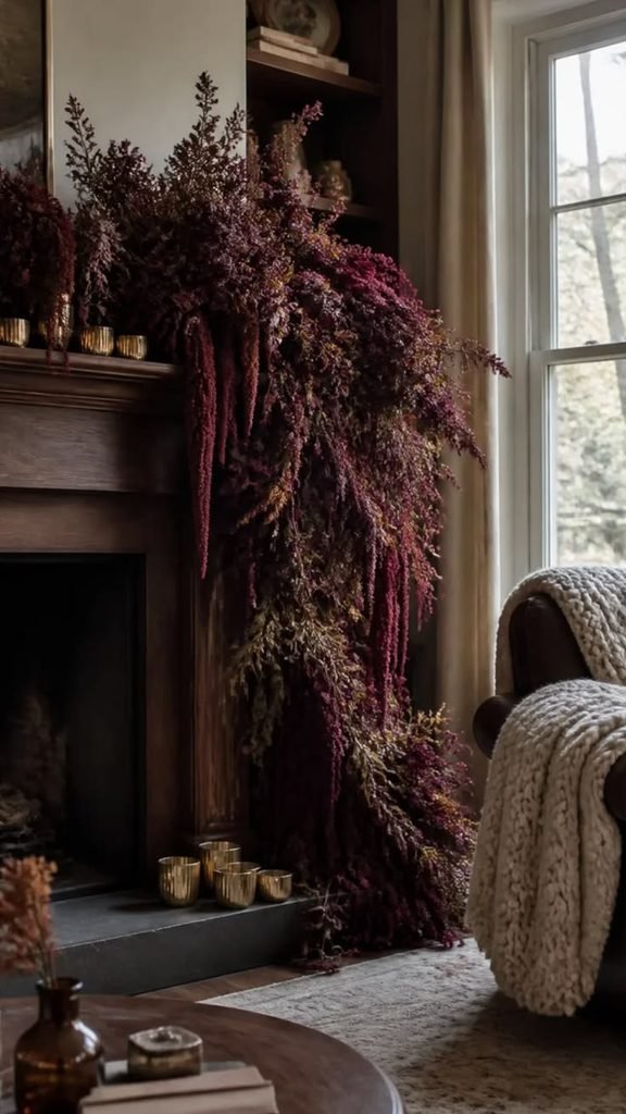 Elegant burgundy fall mantel display with cream and brass accents