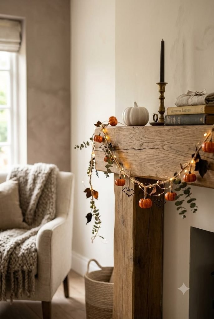 Fall garland with mini pumpkins and fairy lights draped across a wood mantel