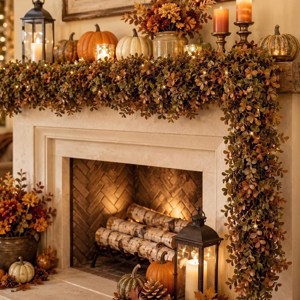 Fall garland with pumpkins, lanterns and candles draped across a stone fireplace mantel