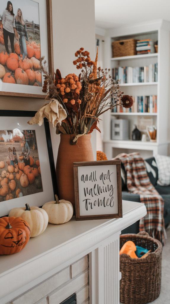 Personal touches making a fall mantel feel uniquely styled