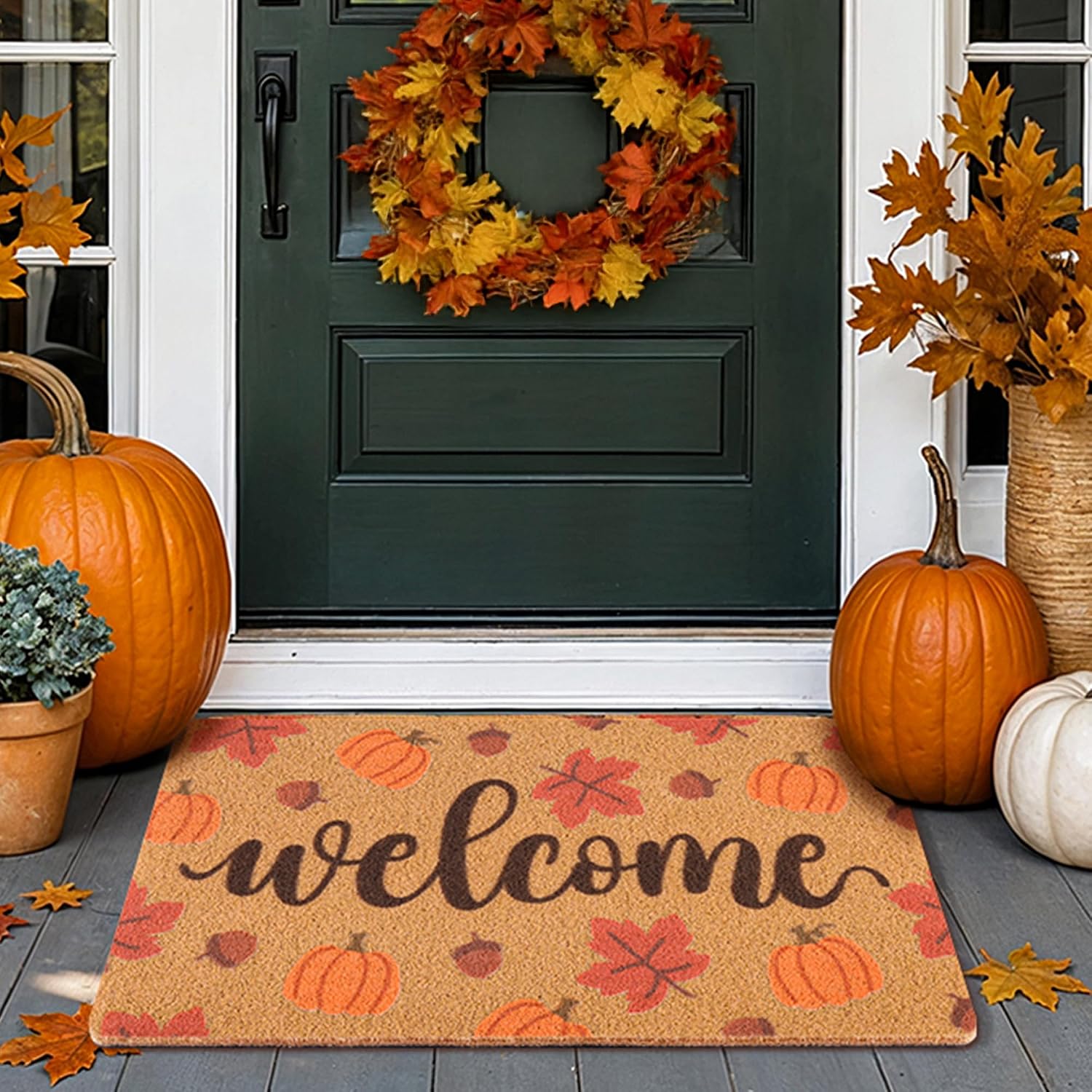 Fall Welcome Door Mat for Front Door, Pumpkin and Maple Leaves Design