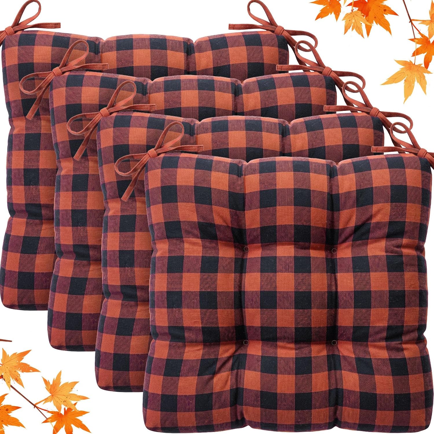 Geetery Plaid Chair Cushions with Ties, 4 Pack, Orange and Black, 16 x 15 Inch