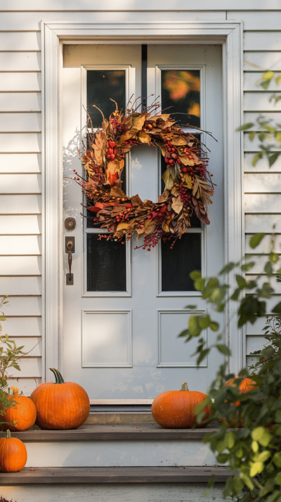 Front door styled as the focal point of a fall porch