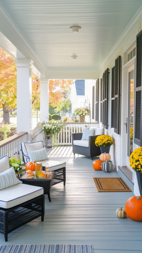 Fall porch decor styled while keeping the walkway clear and functional