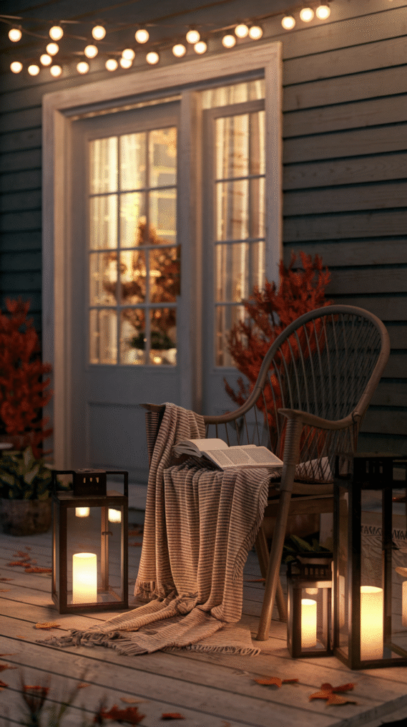 Warm evening lighting enhancing a fall porch's cozy atmosphere
