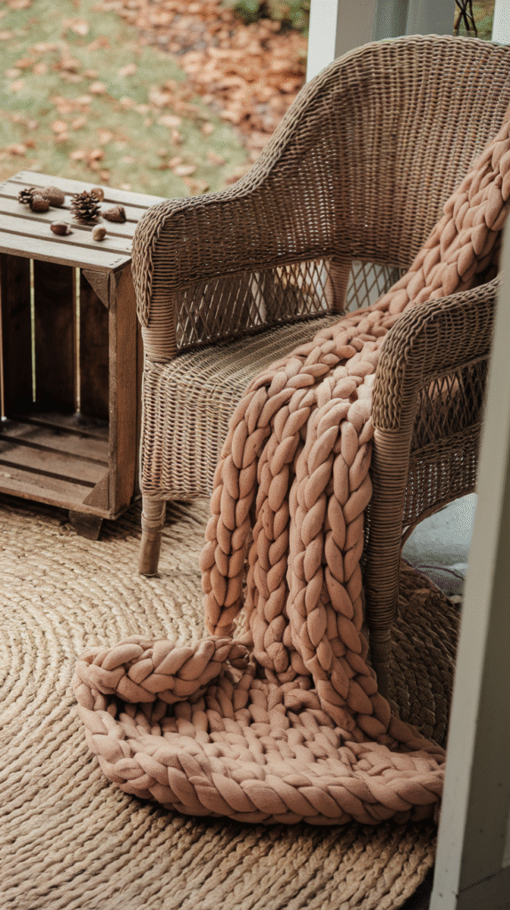Weather-ready seating styled for a cozy fall porch