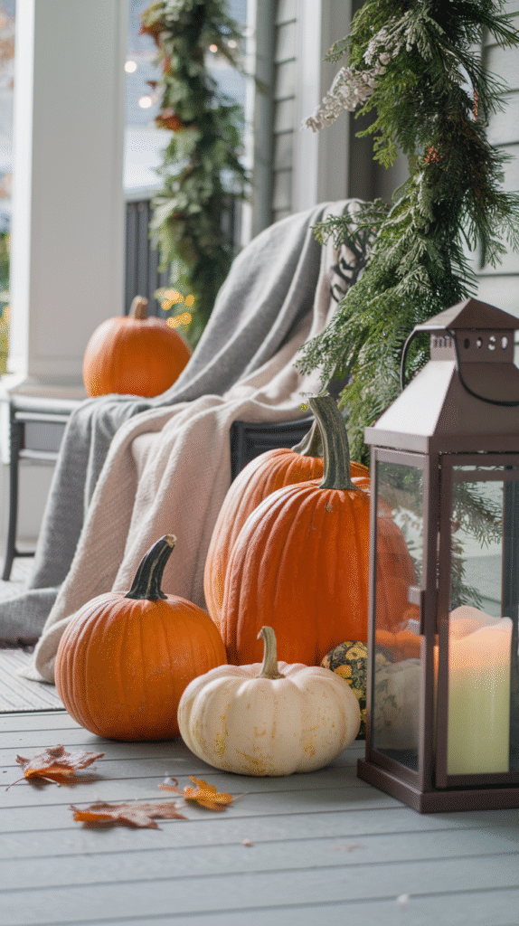 Cozy textures like throws and pillows adding comfort to a fall porch