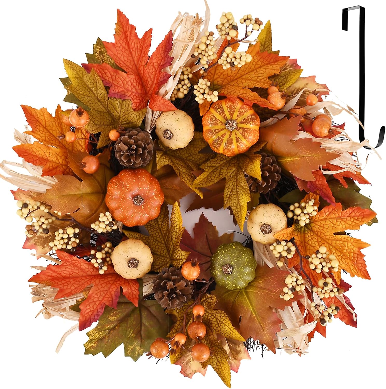 24 Inch Autumn Pumpkin Maple Fall Wreath with Hanger
