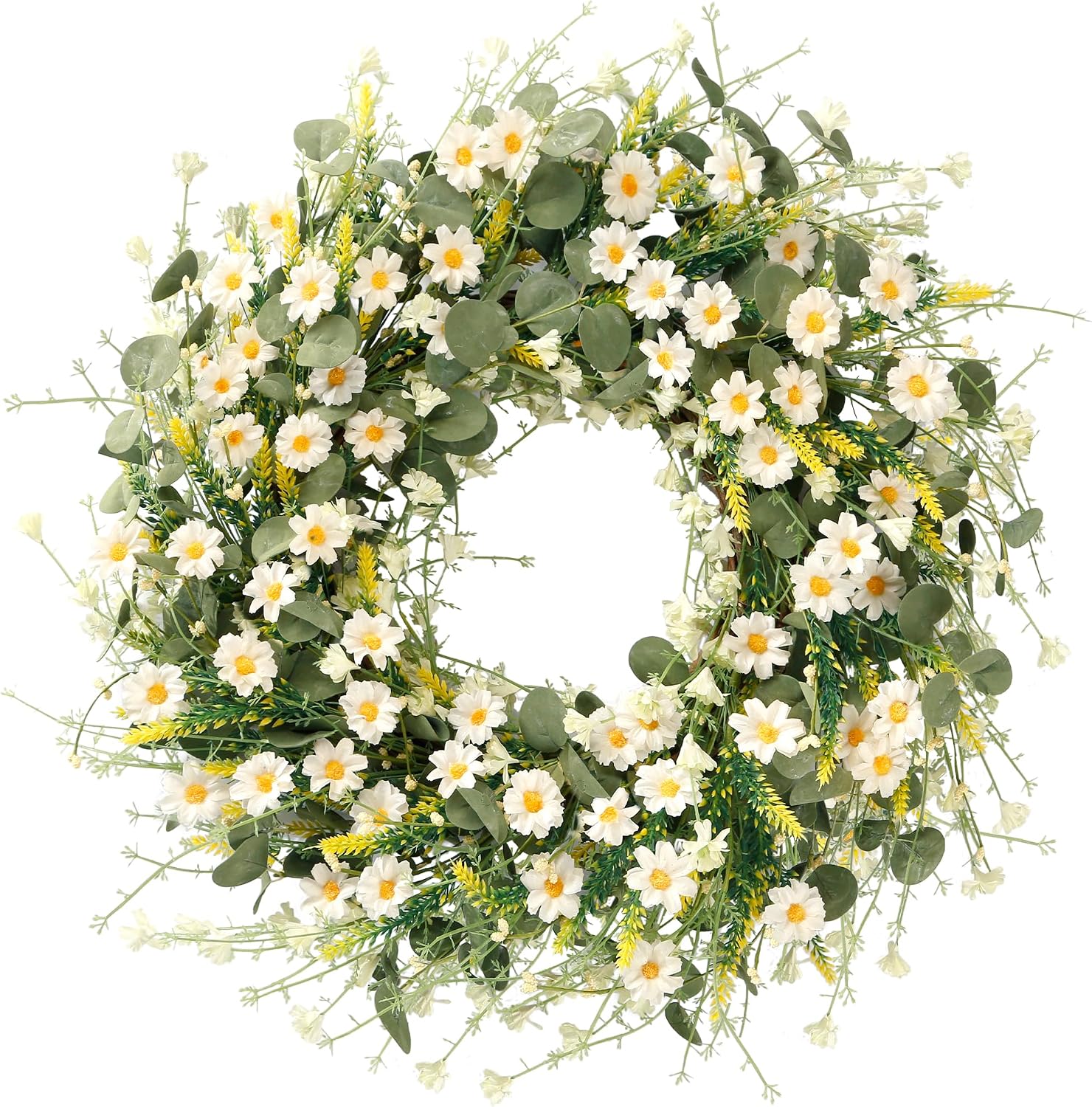 Sggvecsy 24 Inch White Daisy Wreath with Eucalyptus and Lavender
