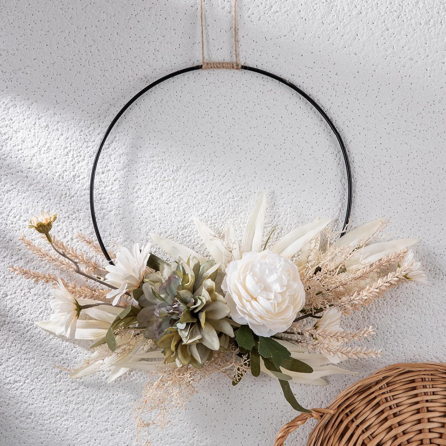 Weldomcor Floral Hoop Wreath with White Flowers for Front Door