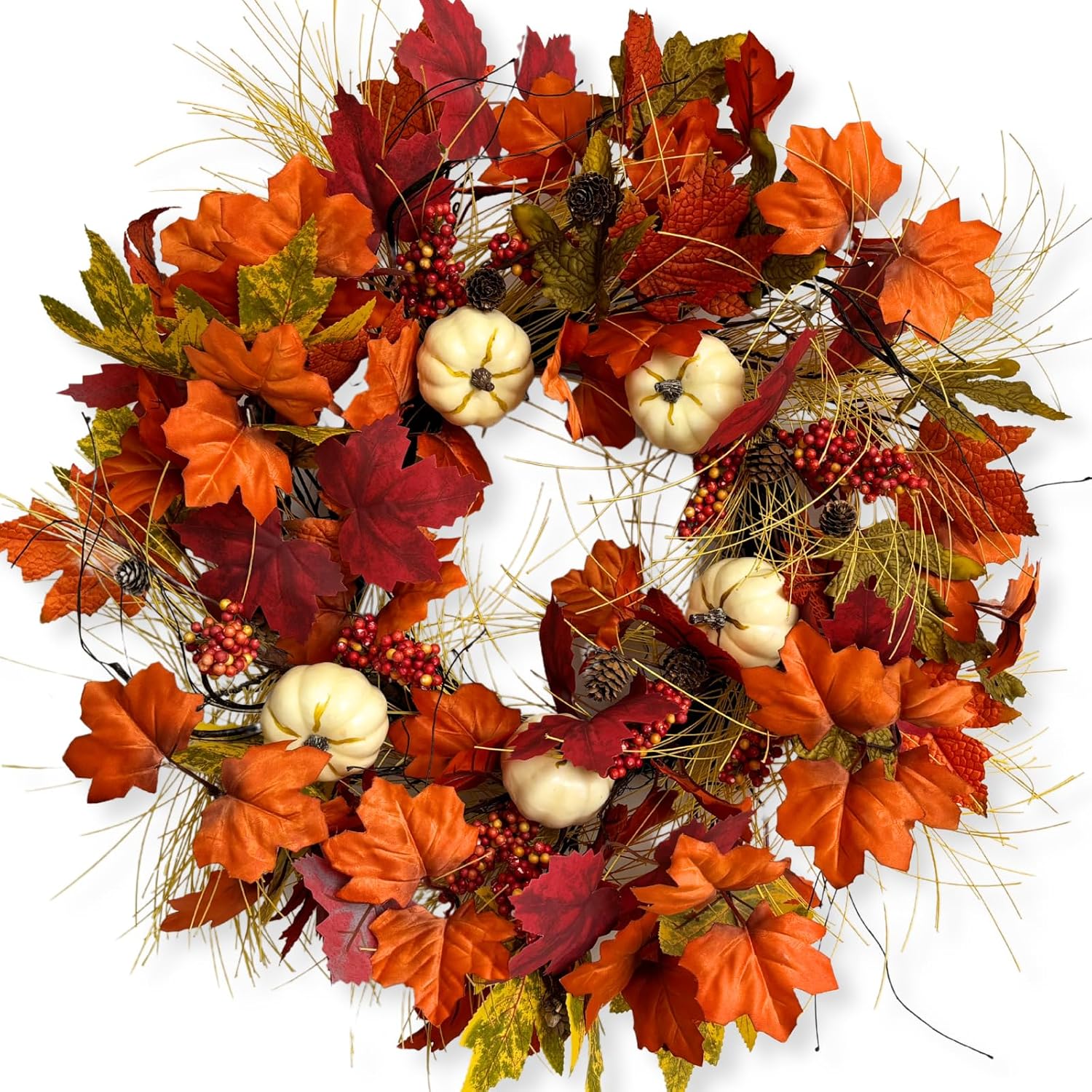 Jobflower 24 Inch Orange Berry Fall Wreath with Pumpkin and Maple