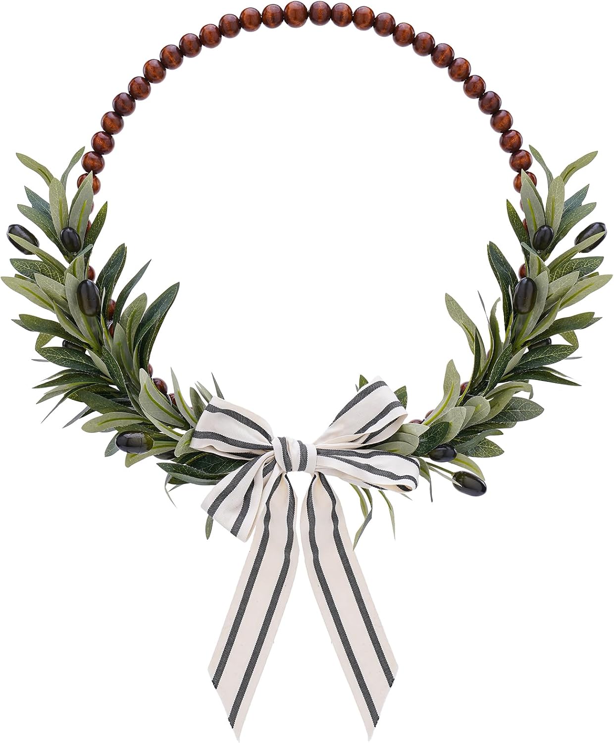 Wood Bead Olive Leaf Wreath, 13 Inch, Greenery