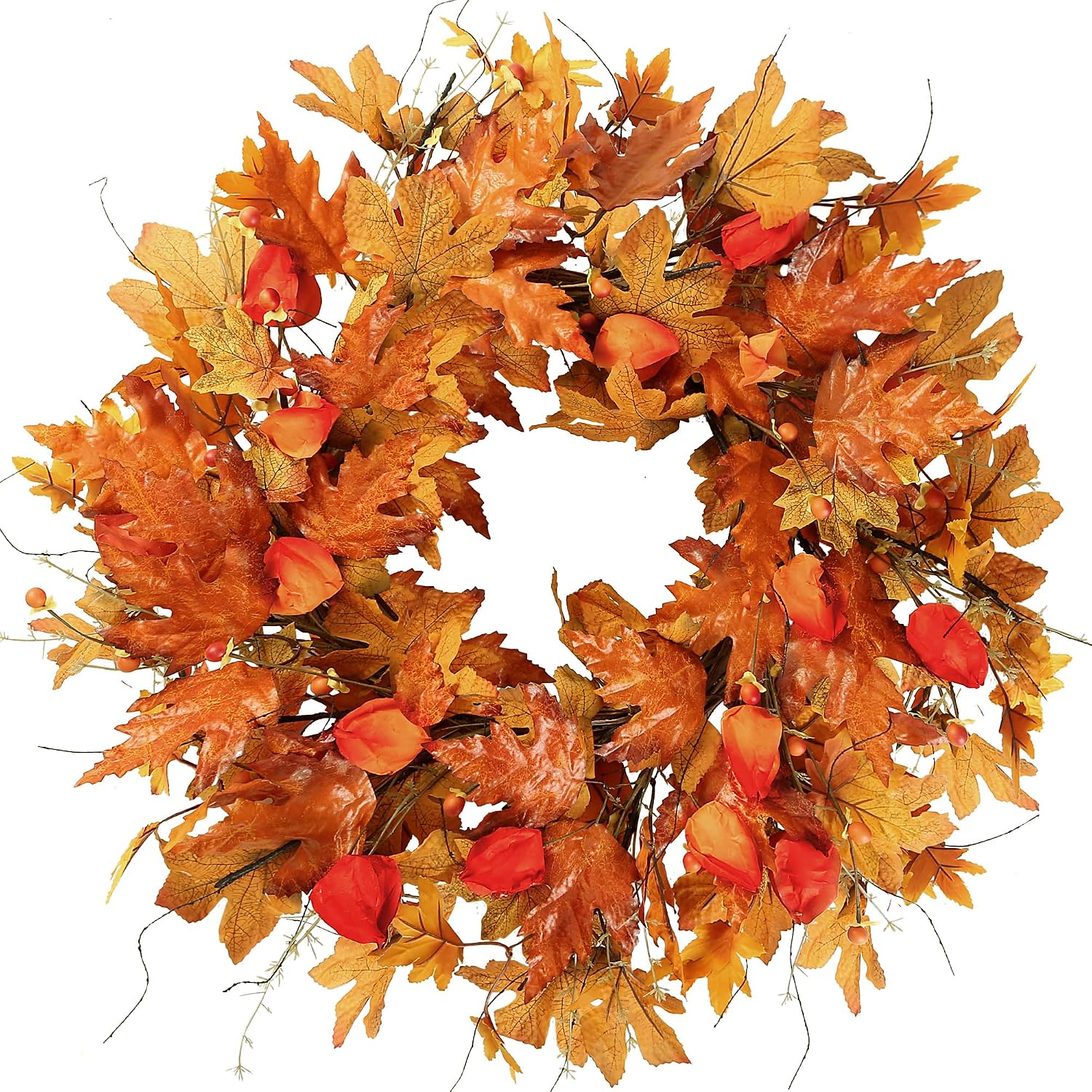 Sggvecsy 21 Inch Fall Wreath with Orange Maple Leaves and Lantern Fruit