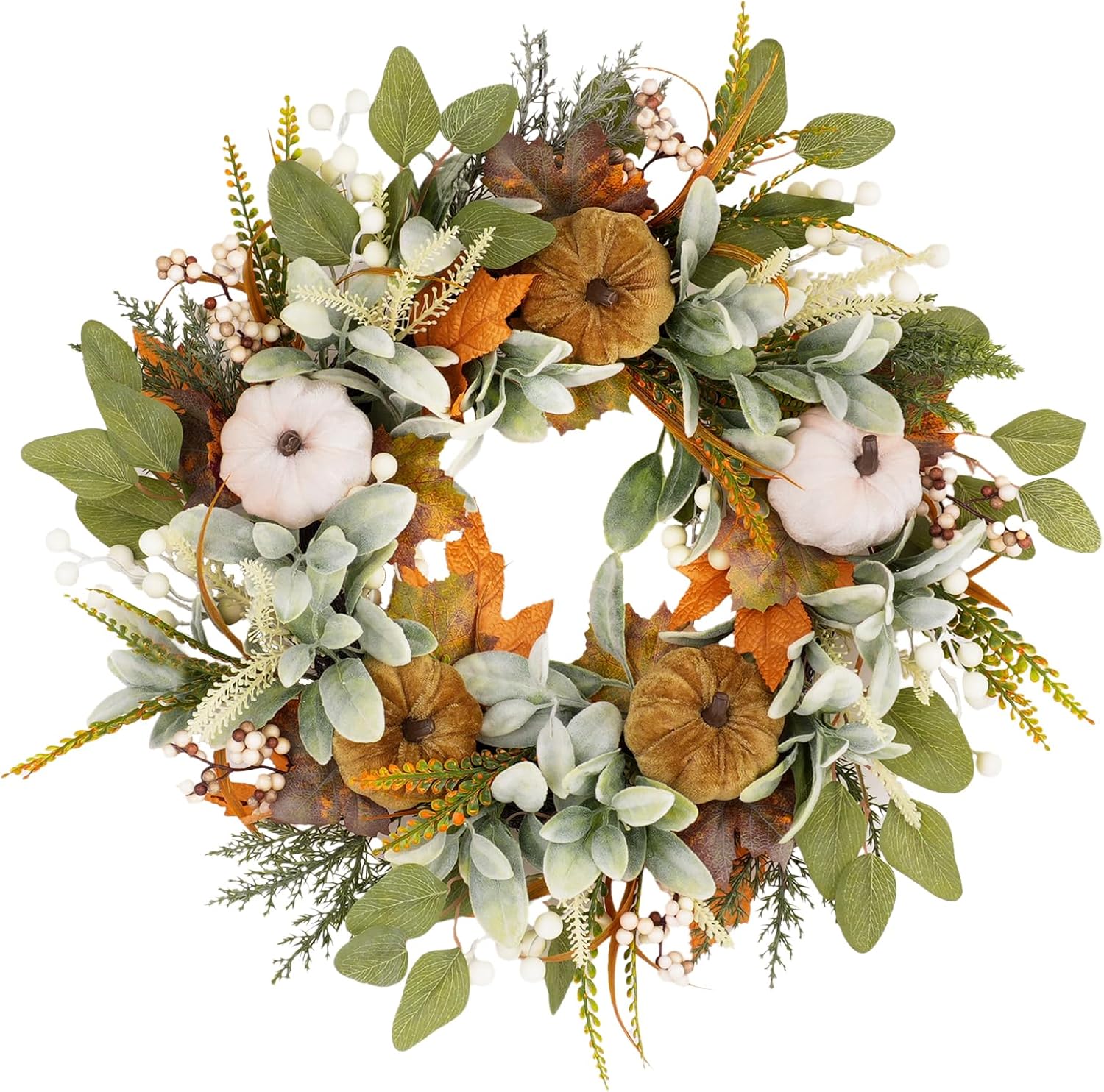 22 Inch Fall Wreath with Eucalyptus and 5 Large Velvet Pumpkins