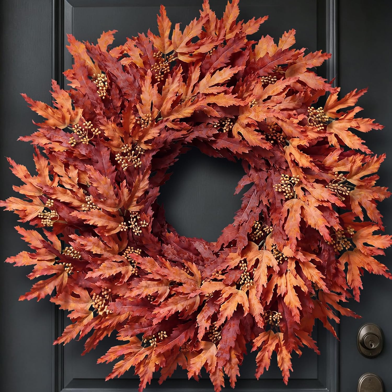 26 Inch Artificial Fall Maple Leaves Wreath for Front Door, Orange