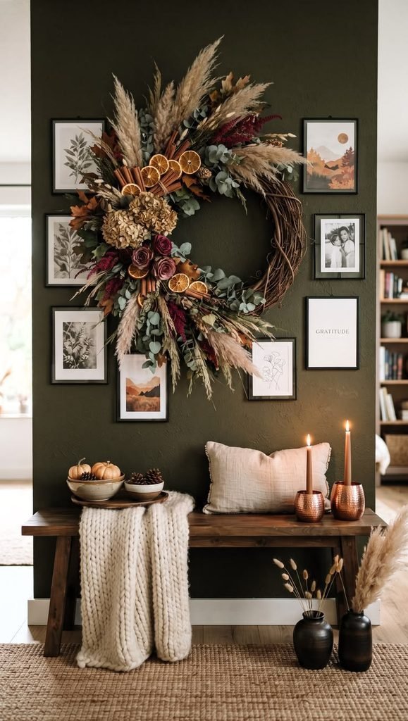 A wheat and dried grass wreath bringing harvest character
