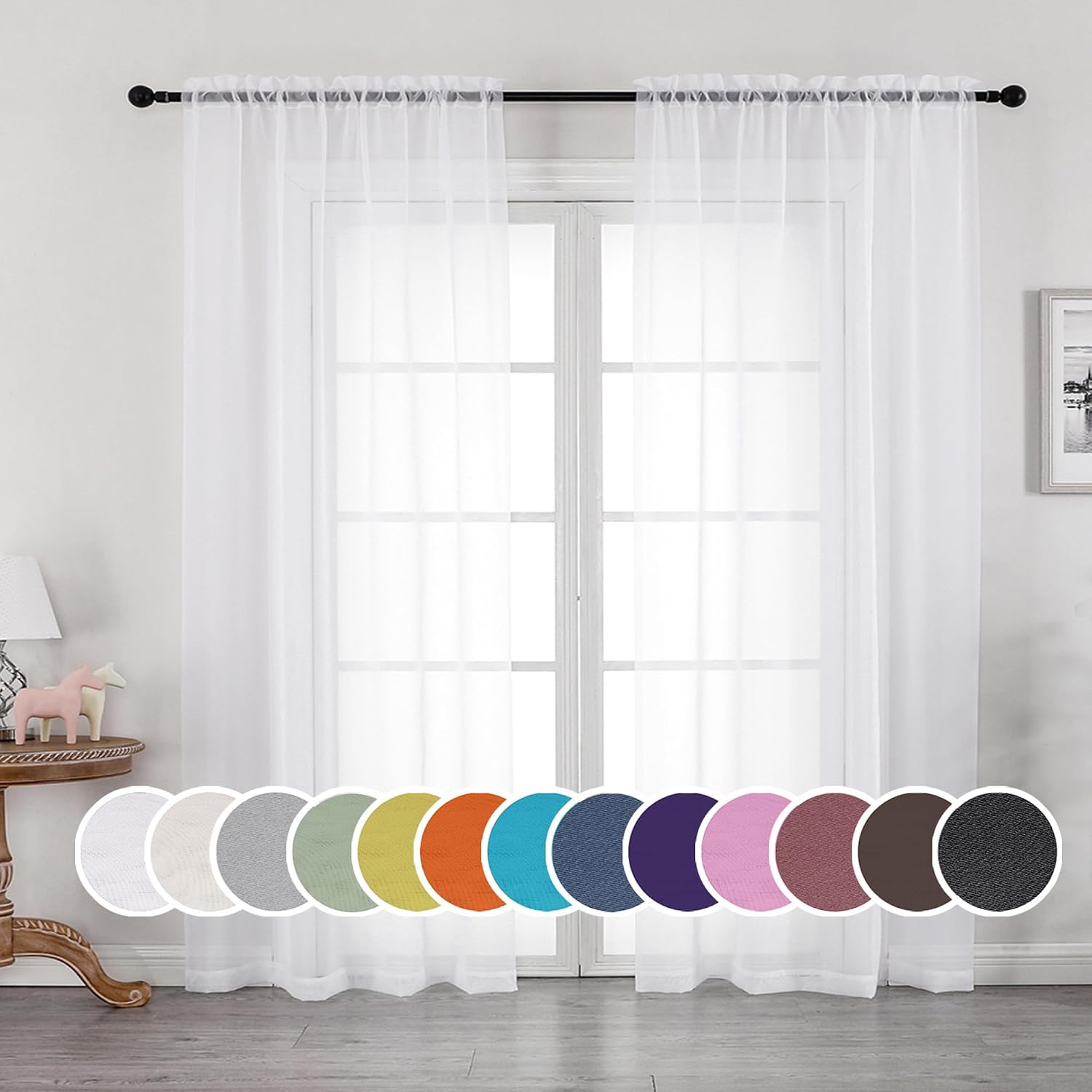 OWENIE White Sheer Curtains, 84 Inches Long, 2 Panels