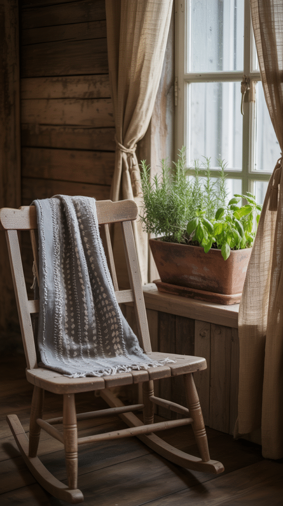 Rustic burlap curtains bringing raw texture to a farmhouse room