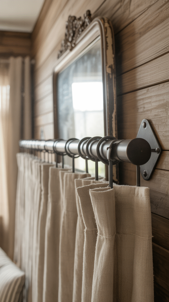 Wrought iron curtain hardware completing a farmhouse window's look