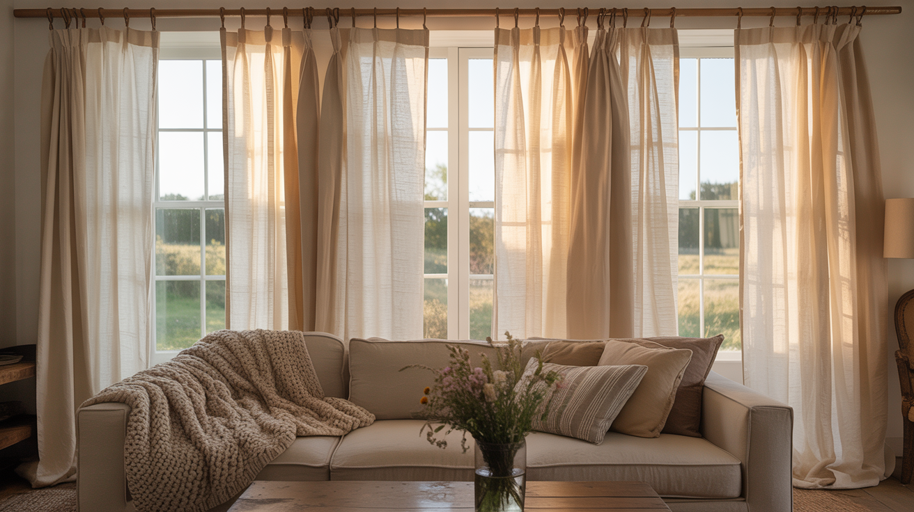 A farmhouse living room with curtains that fit the style perfectly