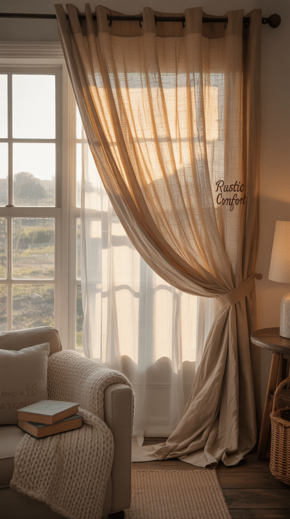 Layered curtain panels doubling the coziness of a farmhouse window