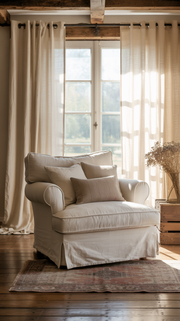 Classic linen curtains bringing natural texture to a farmhouse room