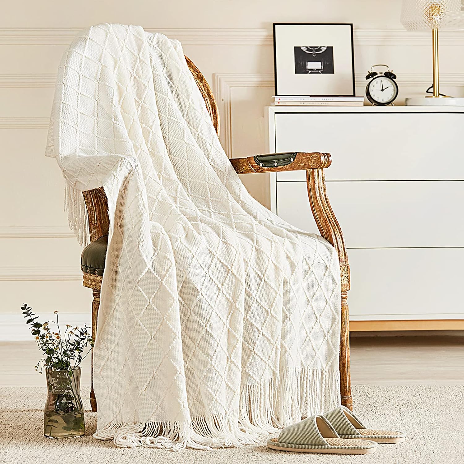 inhand Off White Knitted Throw Blanket for Couch and Bed, 50 x 60 Inch