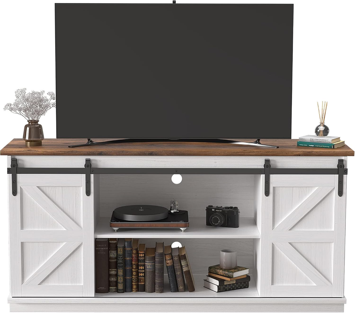 JUMMICO TV Stand for 65 Inch TV, Sliding Barn Doors, White