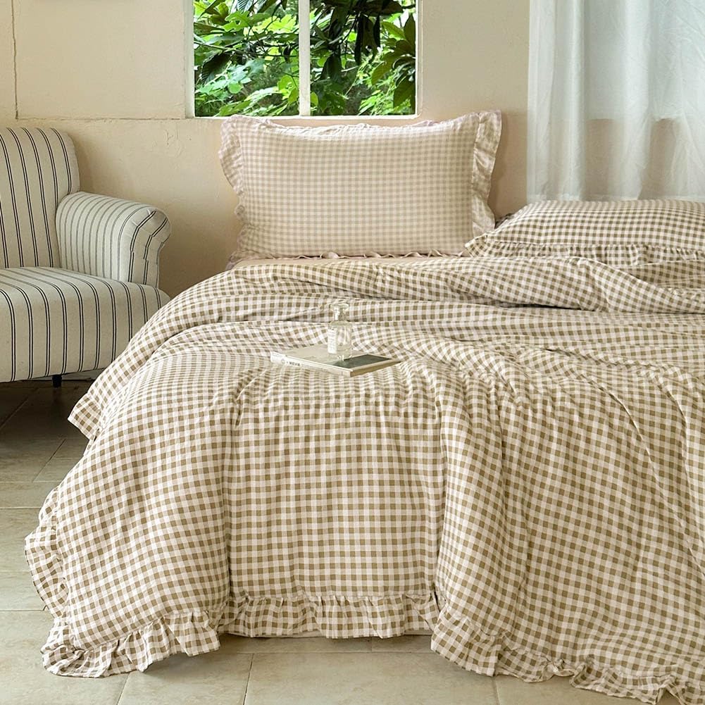 NSNLGSGC Tan Ruffled Gingham Queen Comforter Set