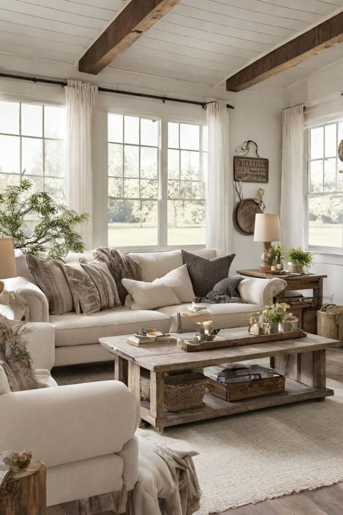 Cozy farmhouse living room seating with mixed materials