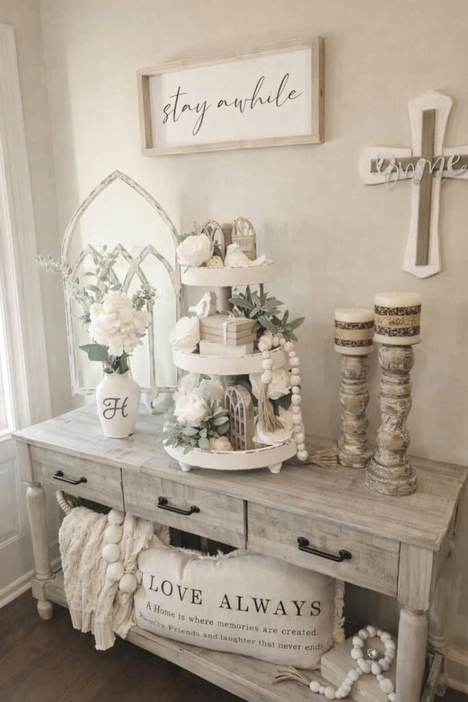 Mixed metal accents balancing a farmhouse console styling