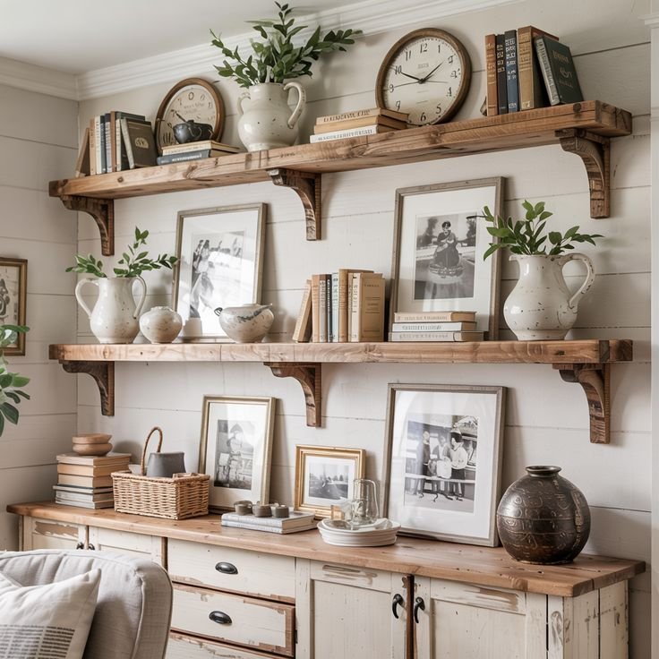 Open shelving styled practically in a modern farmhouse living room