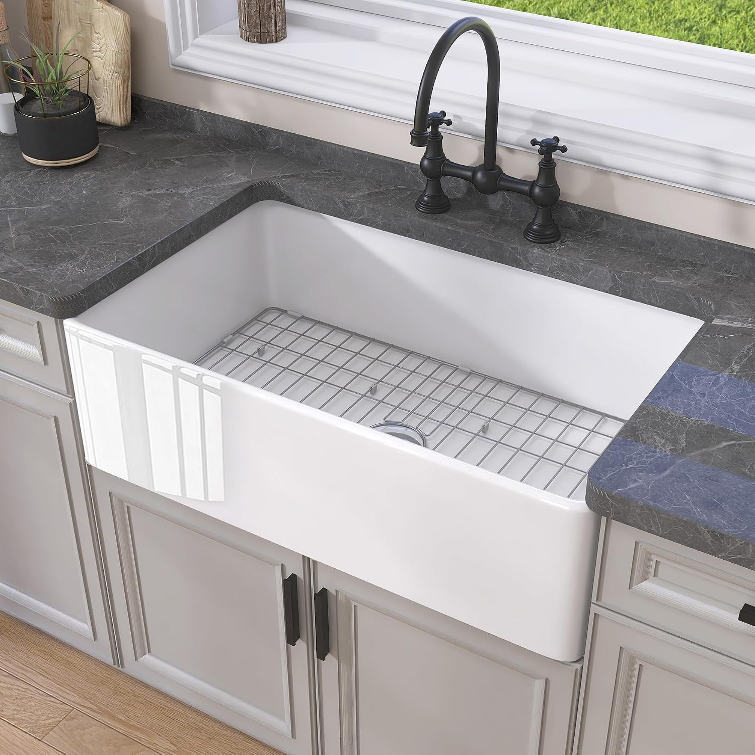GETPRO White Fireclay Farmhouse Kitchen Sink, 30 Inch, Apron Front