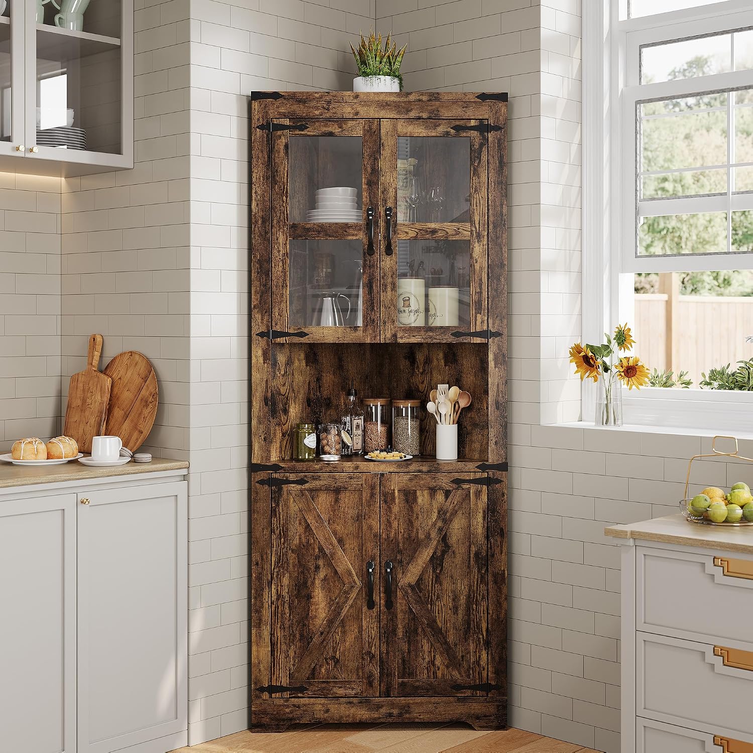 GarveeHome 67 Inch Tall Farmhouse Corner Hutch Storage Cabinet with Glass Doors