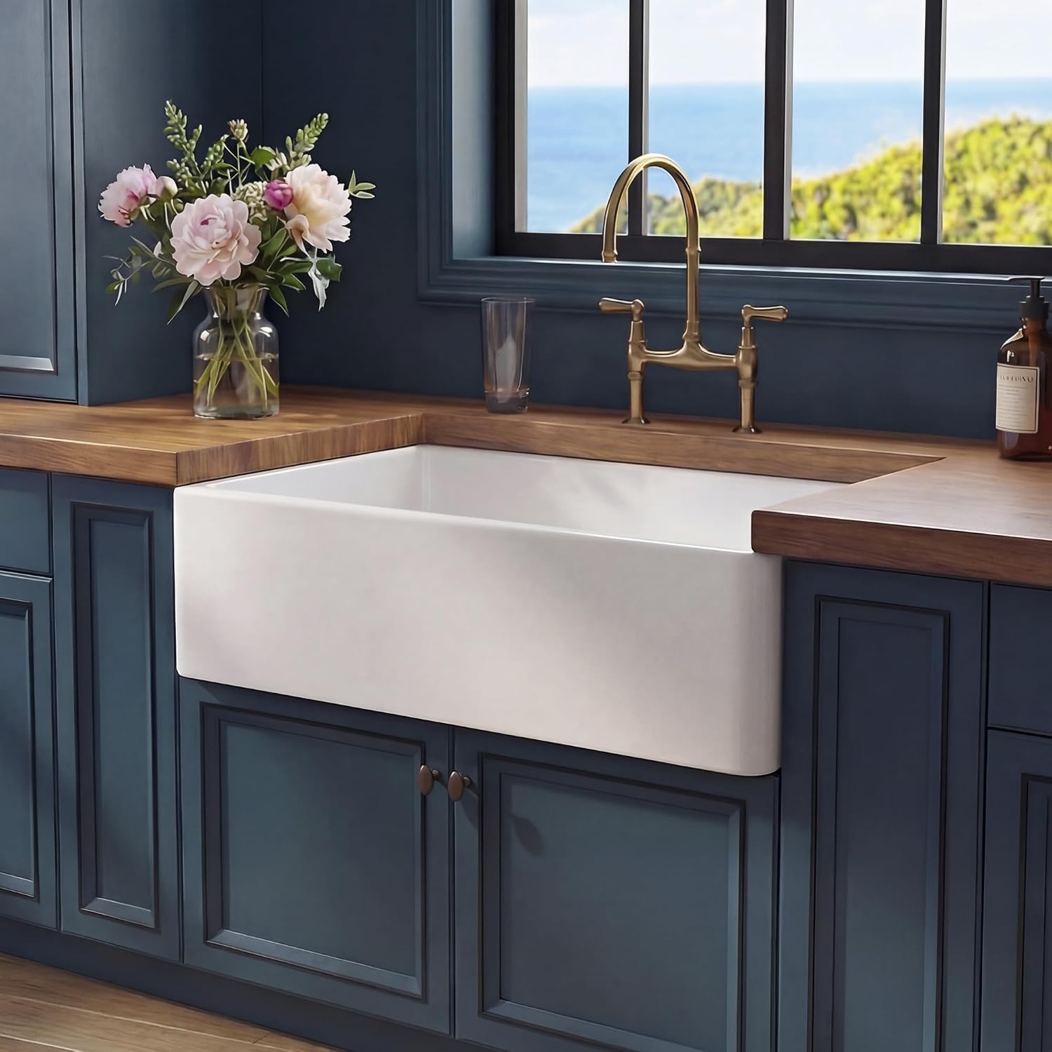 Miuara 30 x 18 Inch White Fireclay Apron Front Farmhouse Kitchen Sink