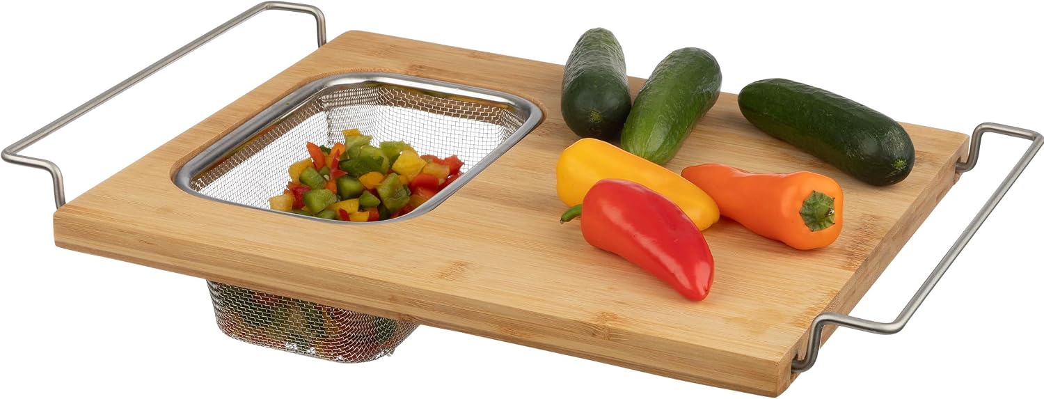 Classic Cuisine 2-in-1 Cutting Board with Strainer, Natural, 13.2 x 11.5 Inch