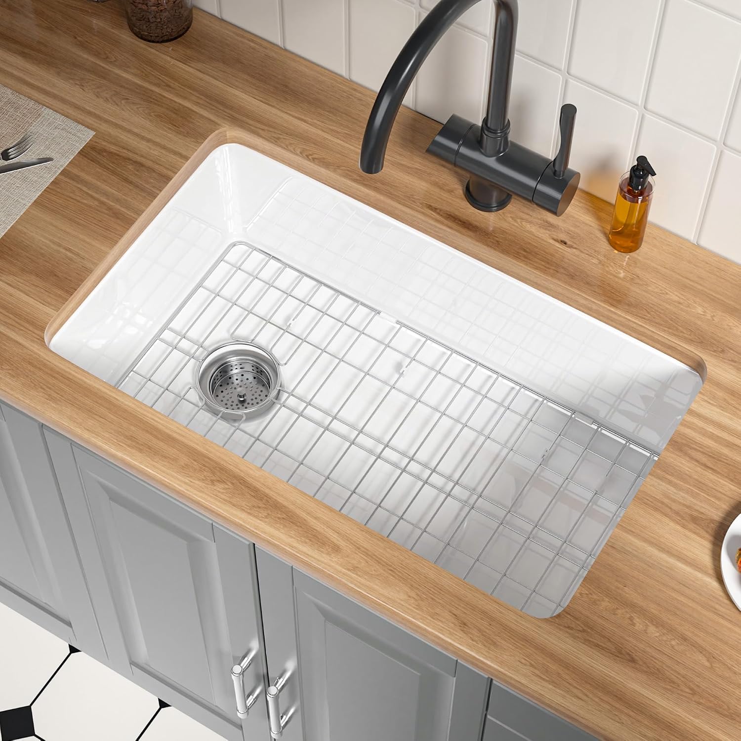 32 Inch White Fireclay Undermount Kitchen Sink with Offset Drain