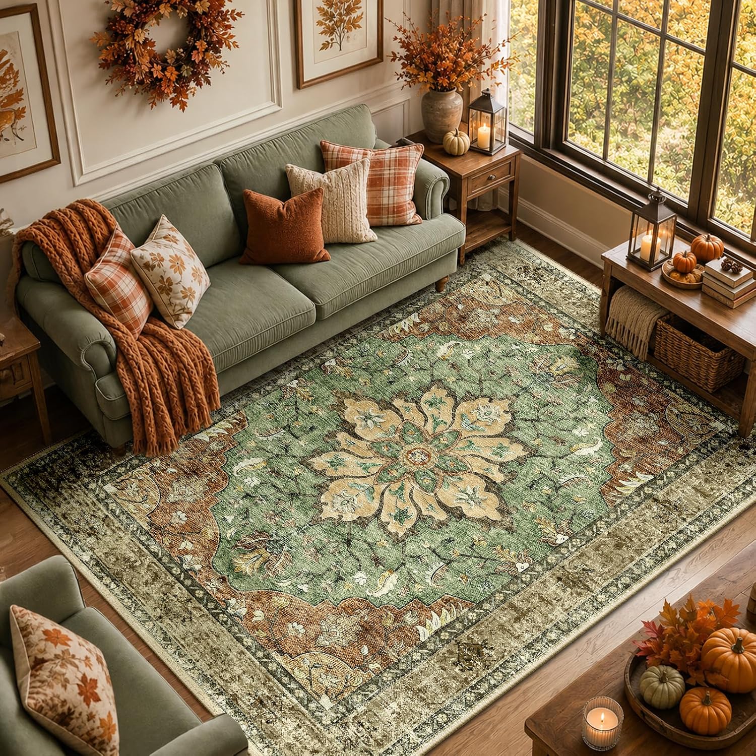RELEANY Washable Area Rug, 8 x 10 Ft, Brick Brown Green