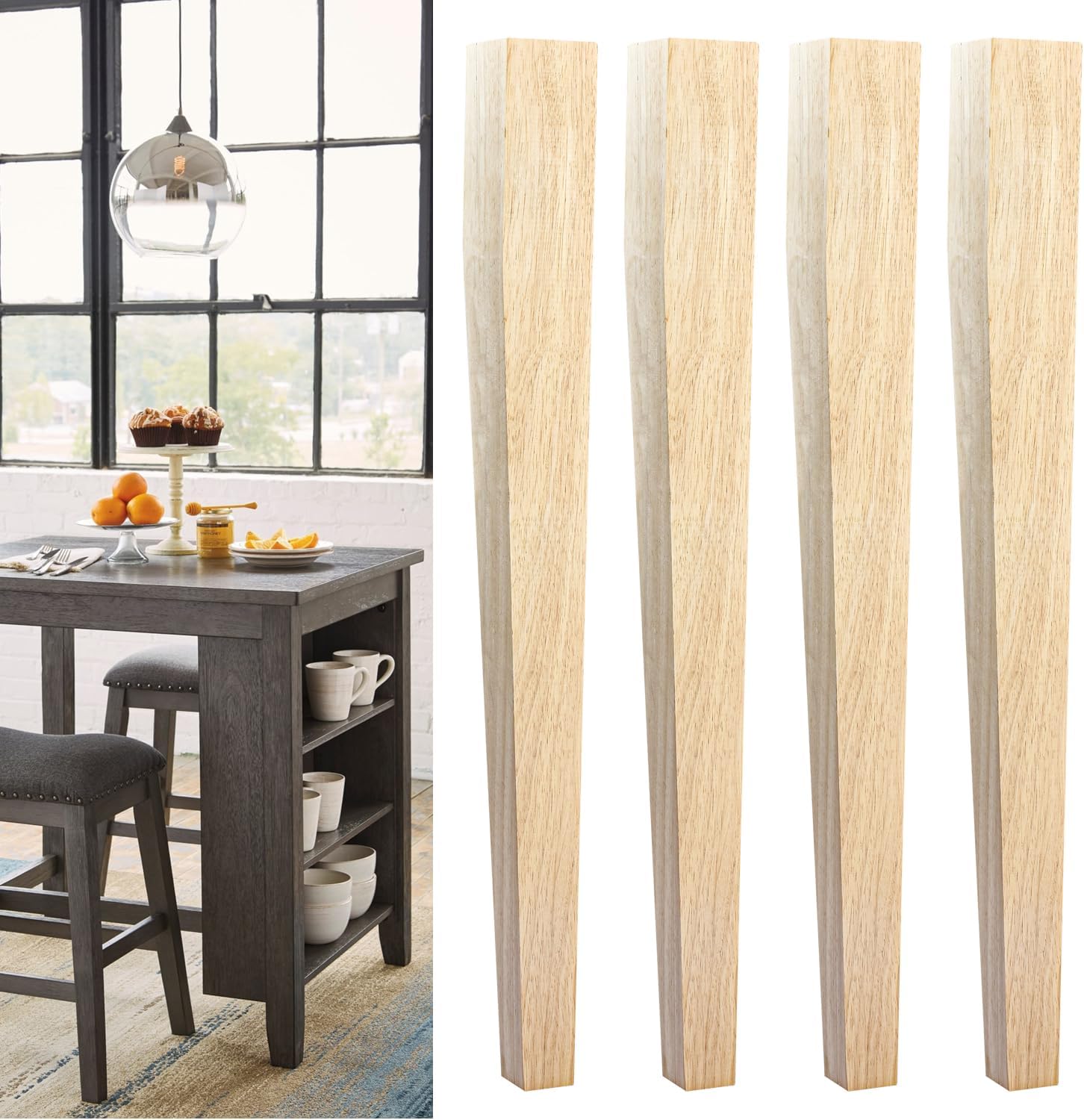 Btowin 29 Inch Unfinished Solid Wood Tapered Dining Table Legs, 4 Pcs