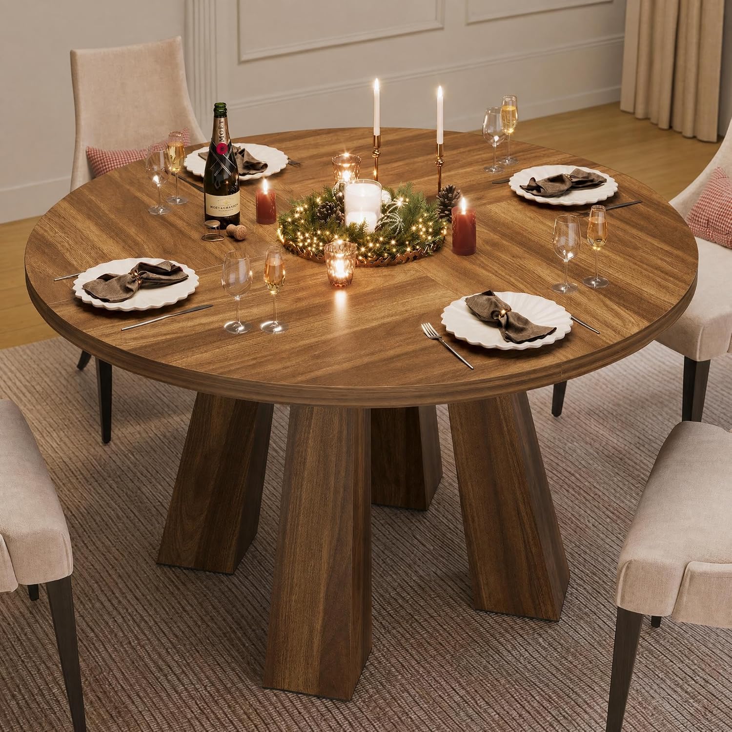 IDEALHOUSE 47 Inch Farmhouse Wood Round Dining Table for 4 to 6