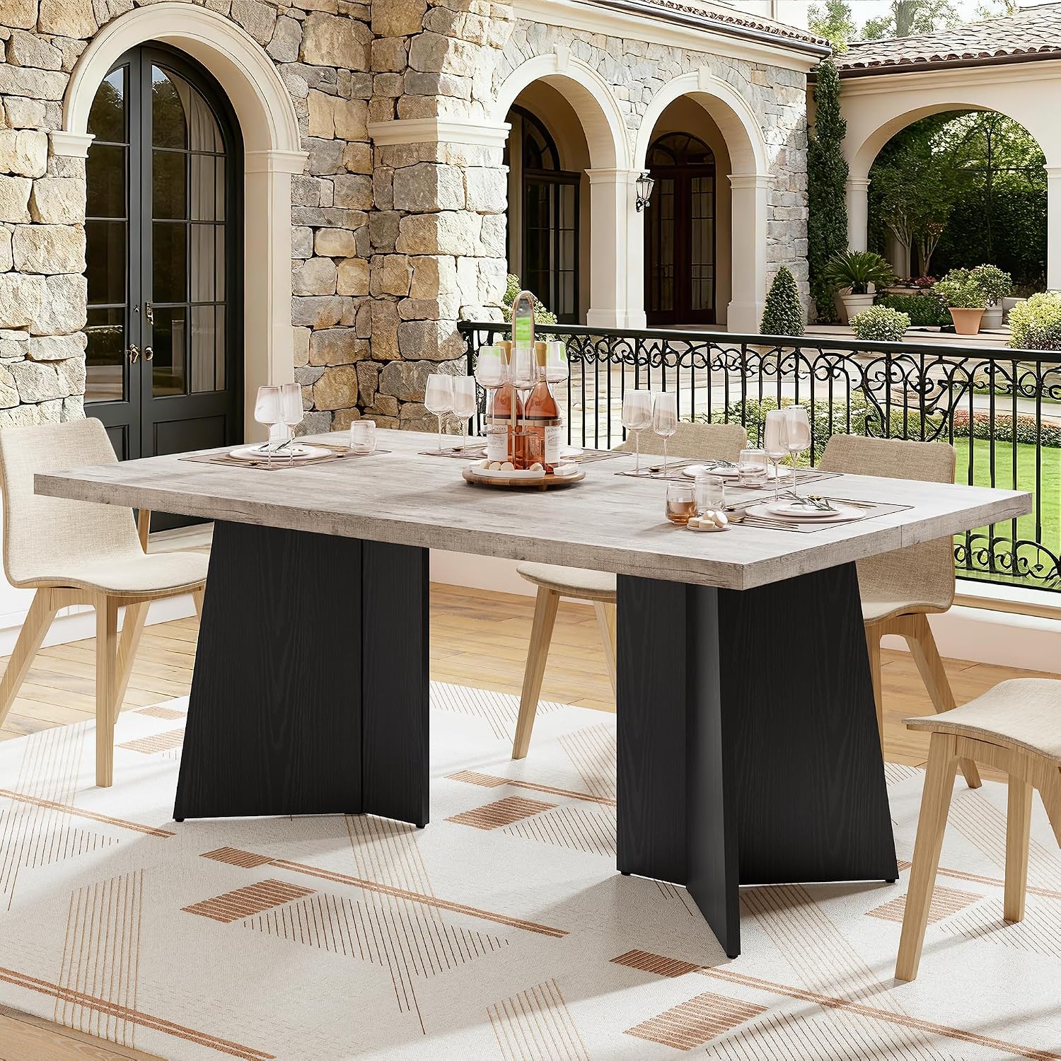 GarveeHome 63 Inch Modern Long Dining Table for 6 to 8, Grey and Black