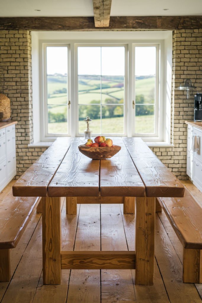 Rustic oak farmhouse dining table with natural wood grain