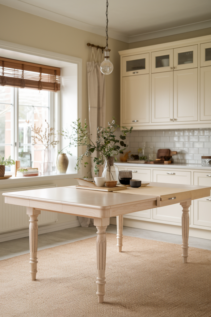 Extendable farmhouse table with a classic spindle-leg base