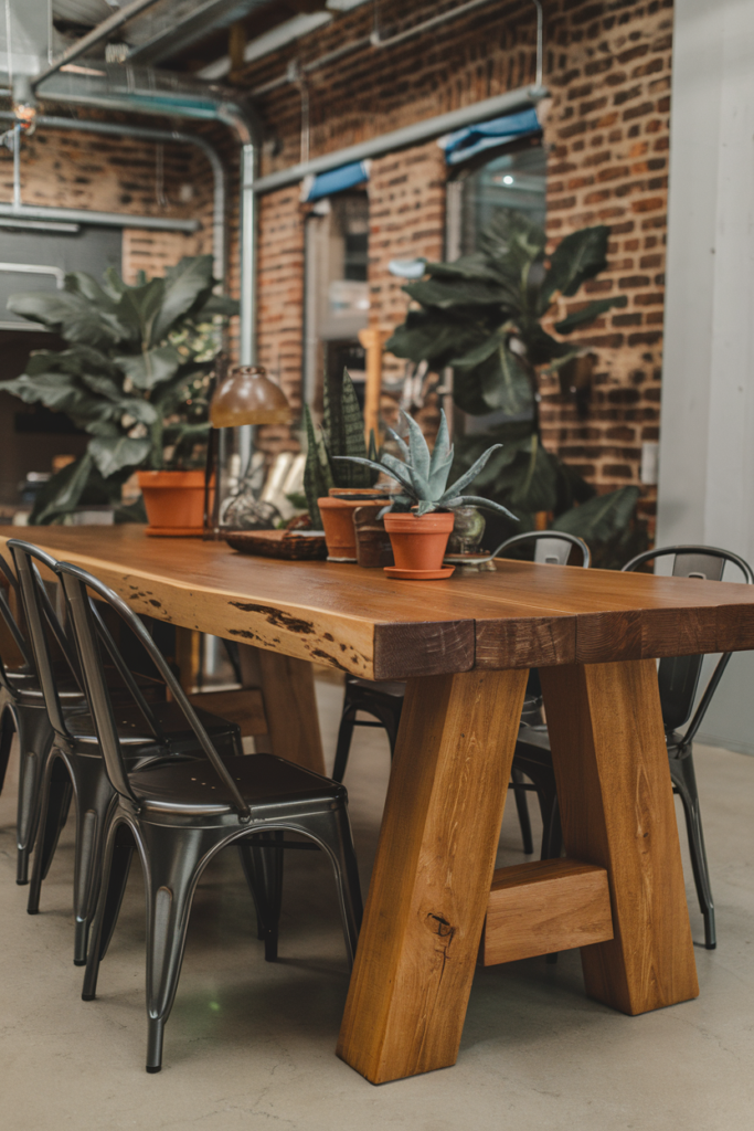 Weathered oak farmhouse table with a driftwood-like finish