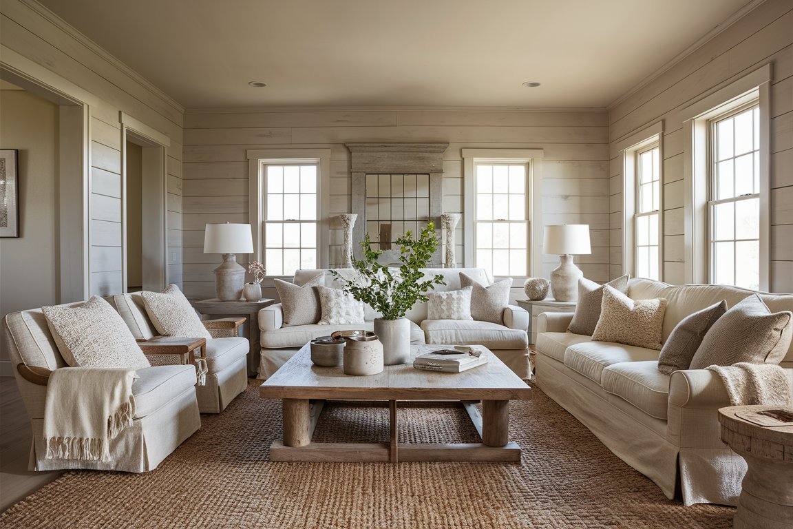 Neutral farmhouse living room with shiplap walls and a reclaimed wood coffee table