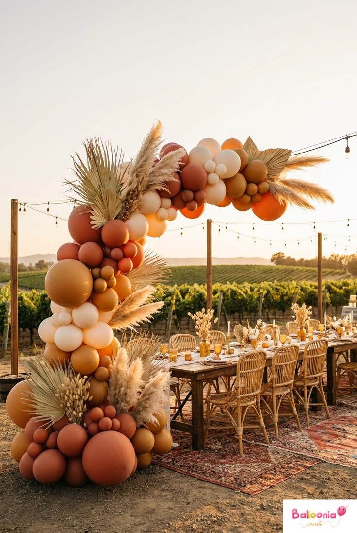 A terracotta and cream balloon arch over an outdoor dinner table in a vineyard