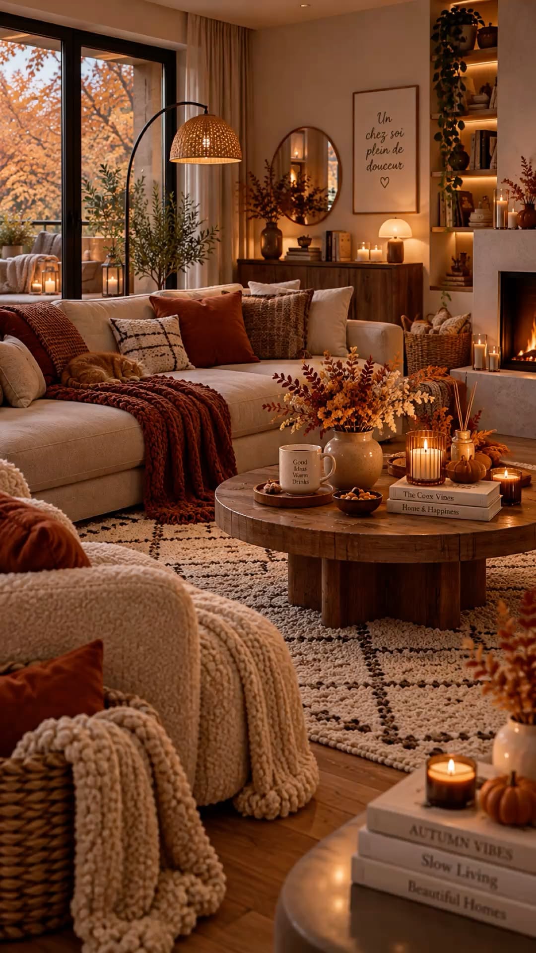 A cozy living room with a rust throw blanket, fall florals, and a lit fireplace