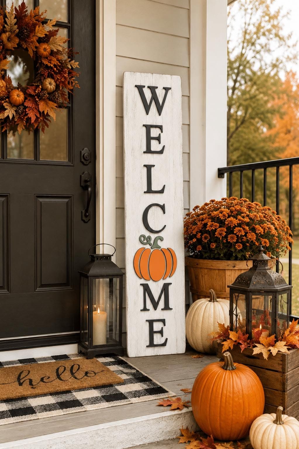 A front porch with a Welcome pumpkin sign, lanterns, pumpkins, and a fall wreath