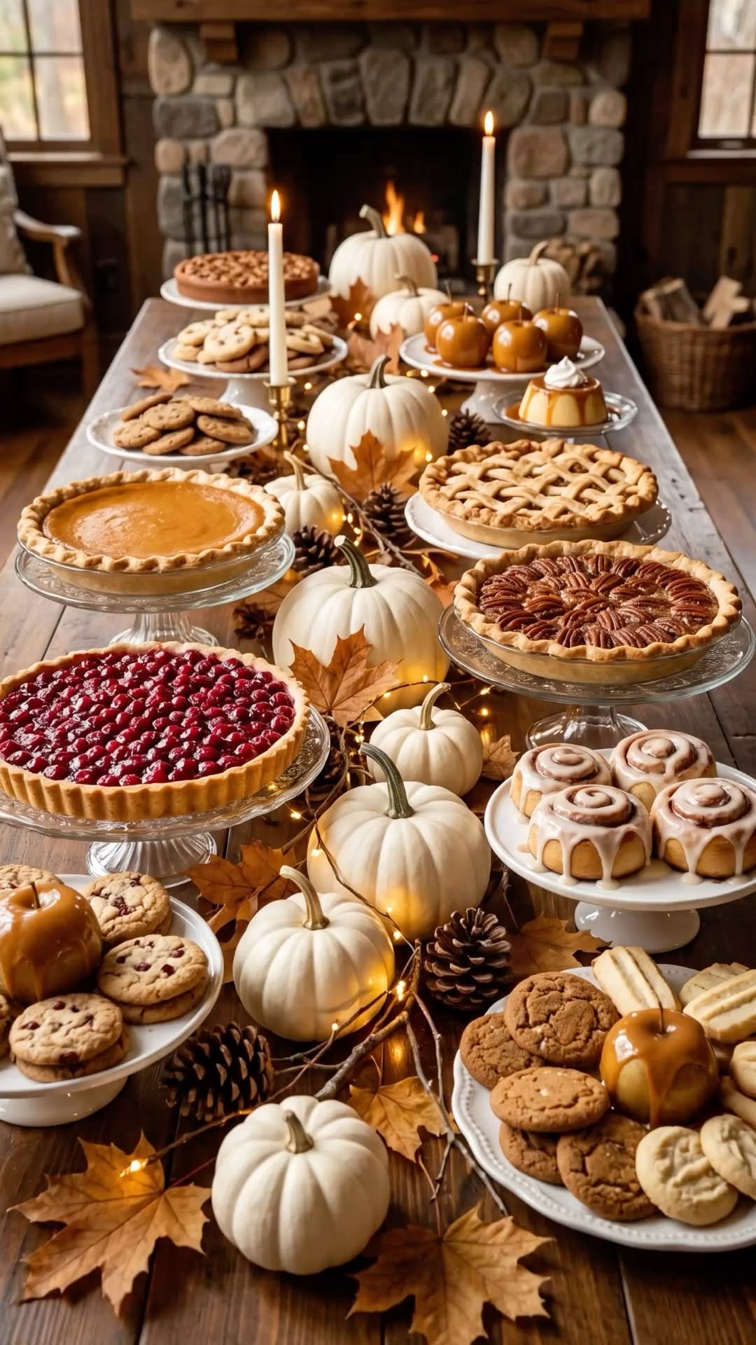 A dessert table with pumpkin pie, pecan pie, cookies, caramel apples, and white pumpkins