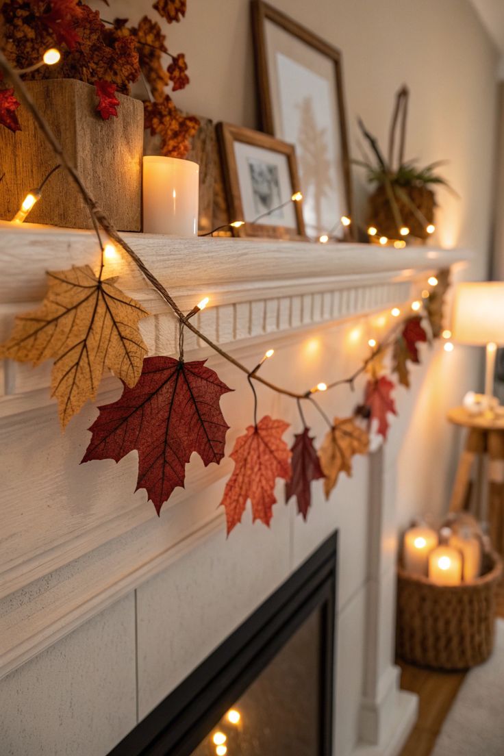 A fireplace mantel decorated with a fall leaf garland and string lights